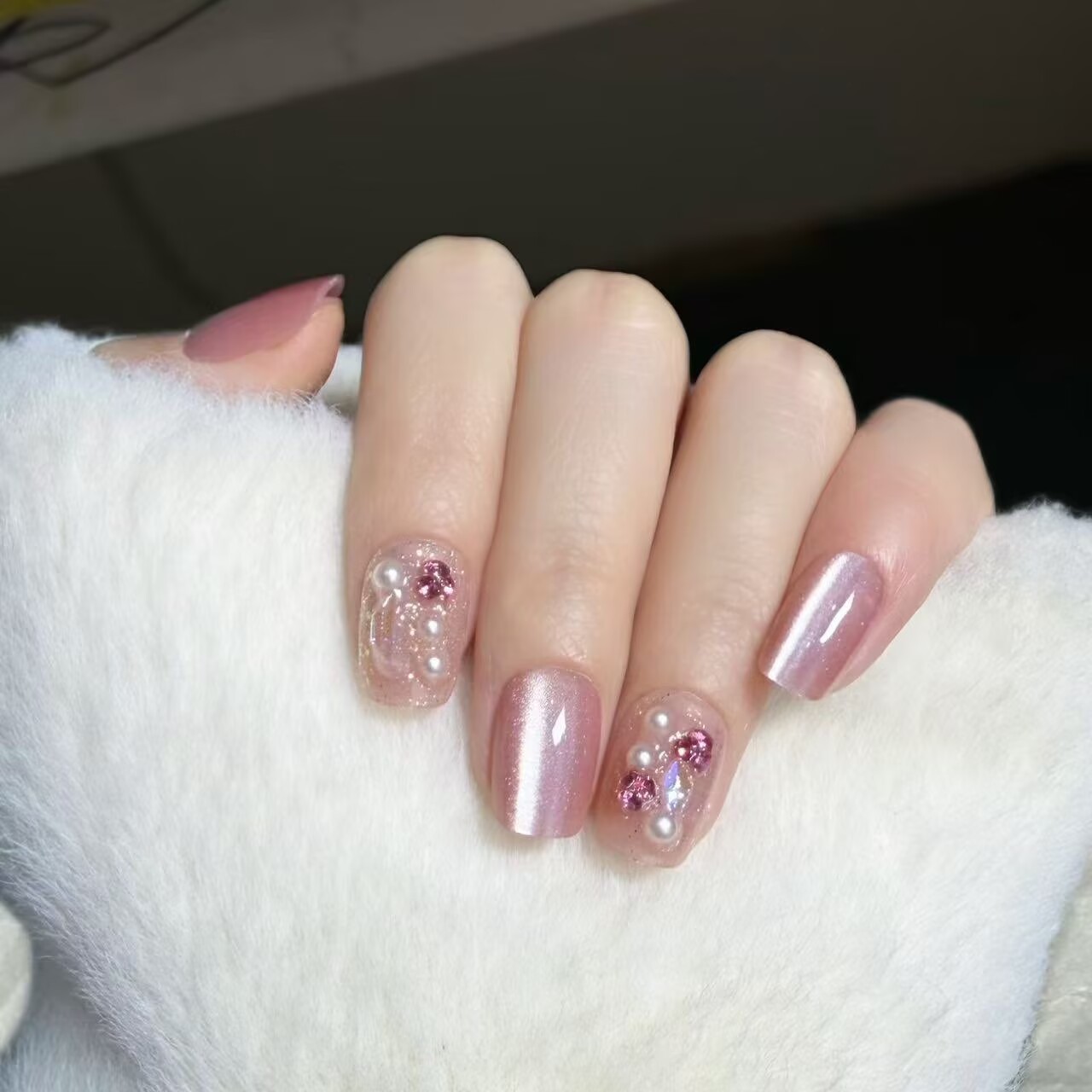 【104】24片装全码 短梯镶钻珍珠猫眼可拆卸美甲贴片