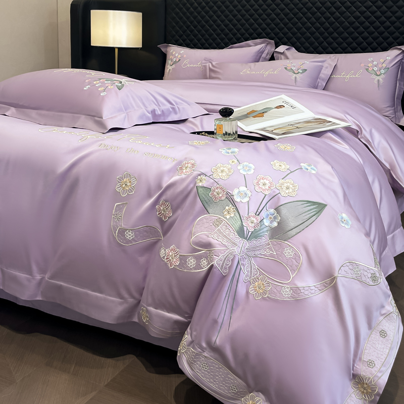 高端家纺高档绣花欧式全棉四件套纯棉简约纯色被套床笠款床上用品