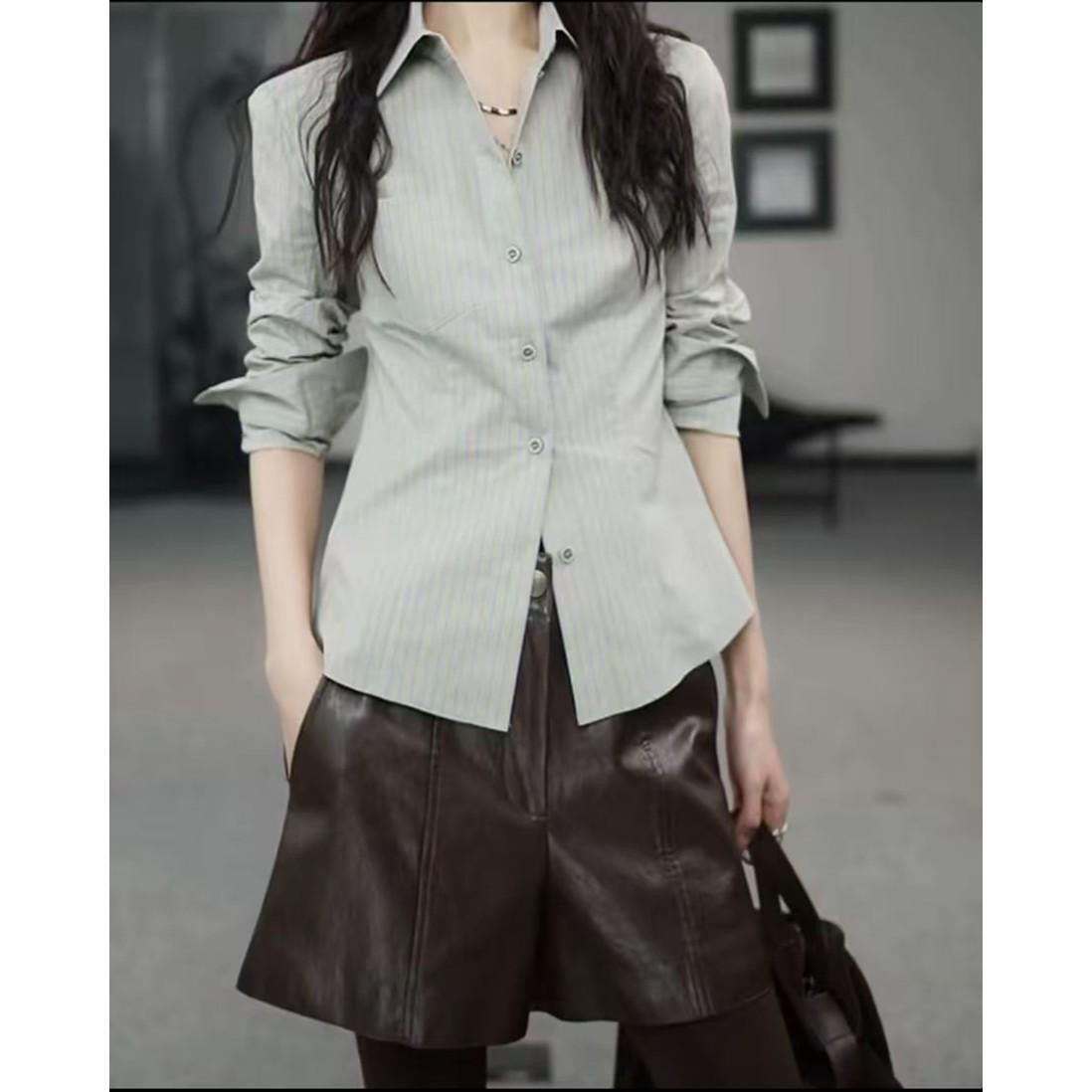 【商场正品】新款时尚百搭气质翻领收腰条纹长袖衬衫上衣女530022