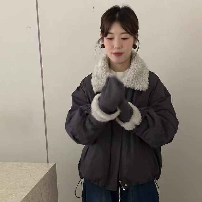 （3538）冬季新款毛领羽绒外套韩系拼接翻领保暖派克服小手套两件套
