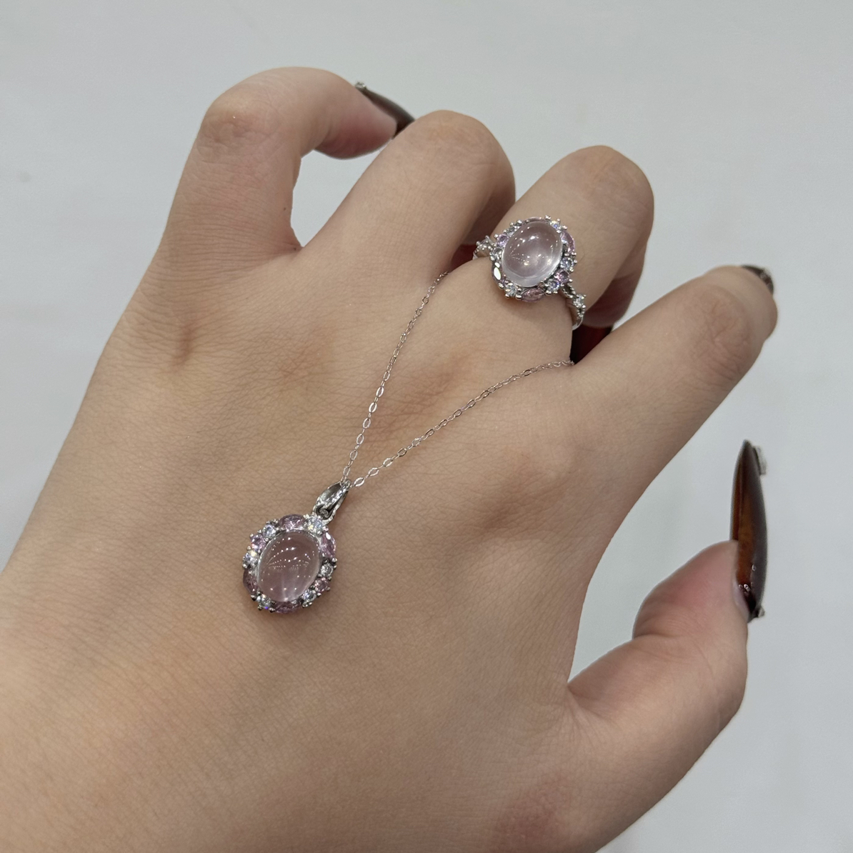 粉水晶繁华吊坠 925银 带链条