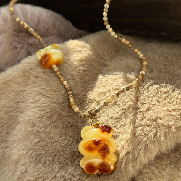 吉月蜜蜡花蜡冰淇淋熊熊头极简精品项链