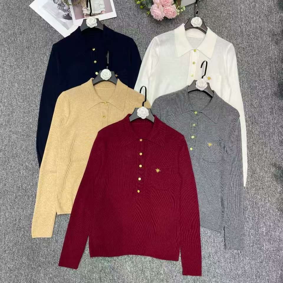 (001）法式通勤polo衫 蜜蜂刺绣羊毛毛衣翻领正肩修身显瘦
