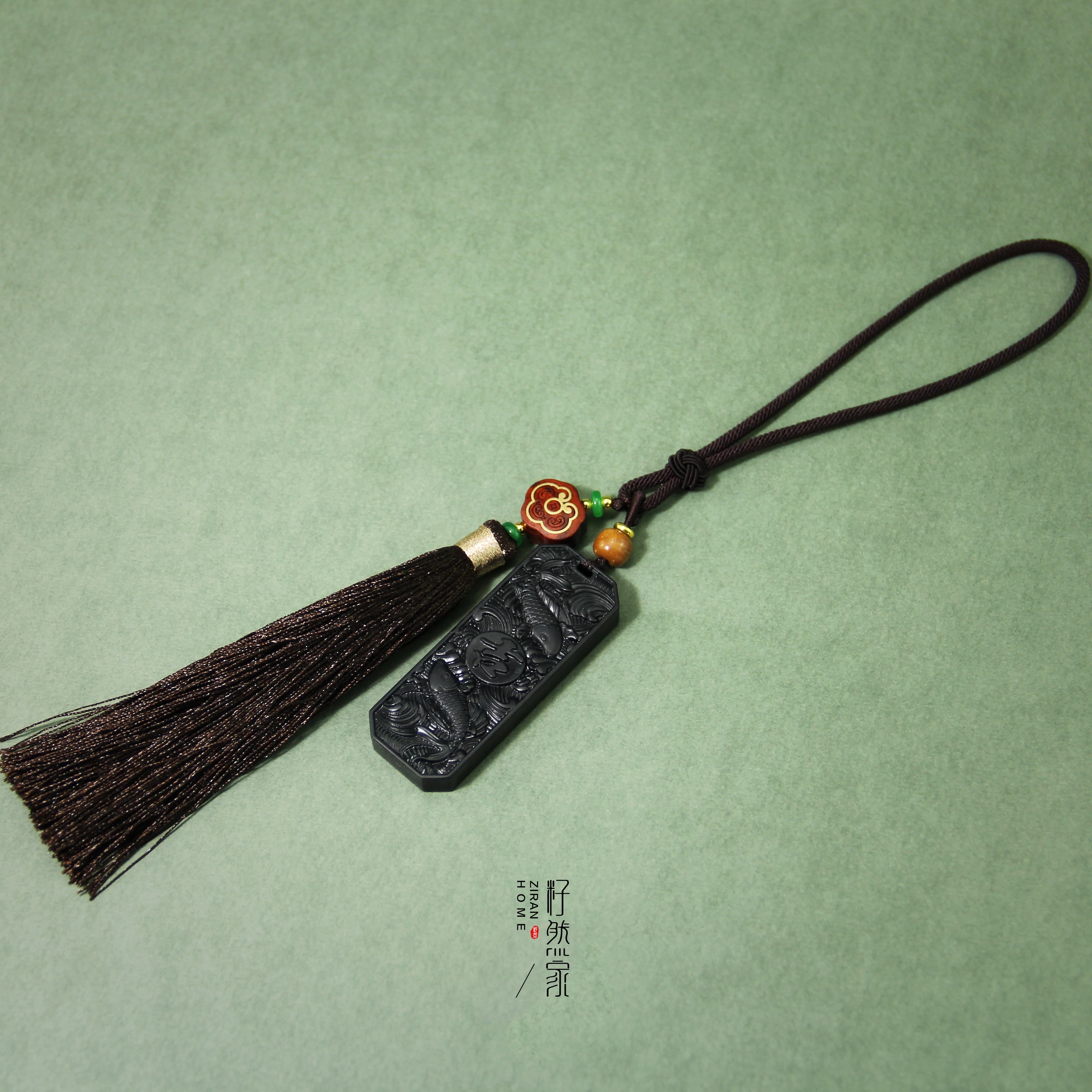 天然和田玉墨玉车挂包挂-顺风顺水-双面精工雕刻-连年有余-