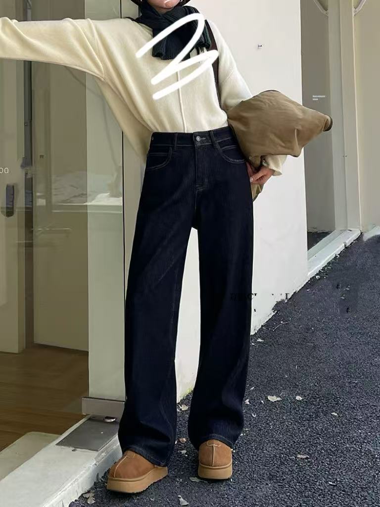 SU【692】A9   愫雪   女2025冬季高腰特绒黑金色窄版直筒裤