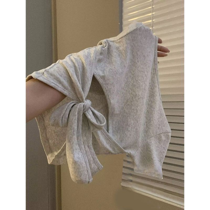 露背领带胸垫白灰色短袖t恤女早春新款设计感小众甜辣妹短款上衣