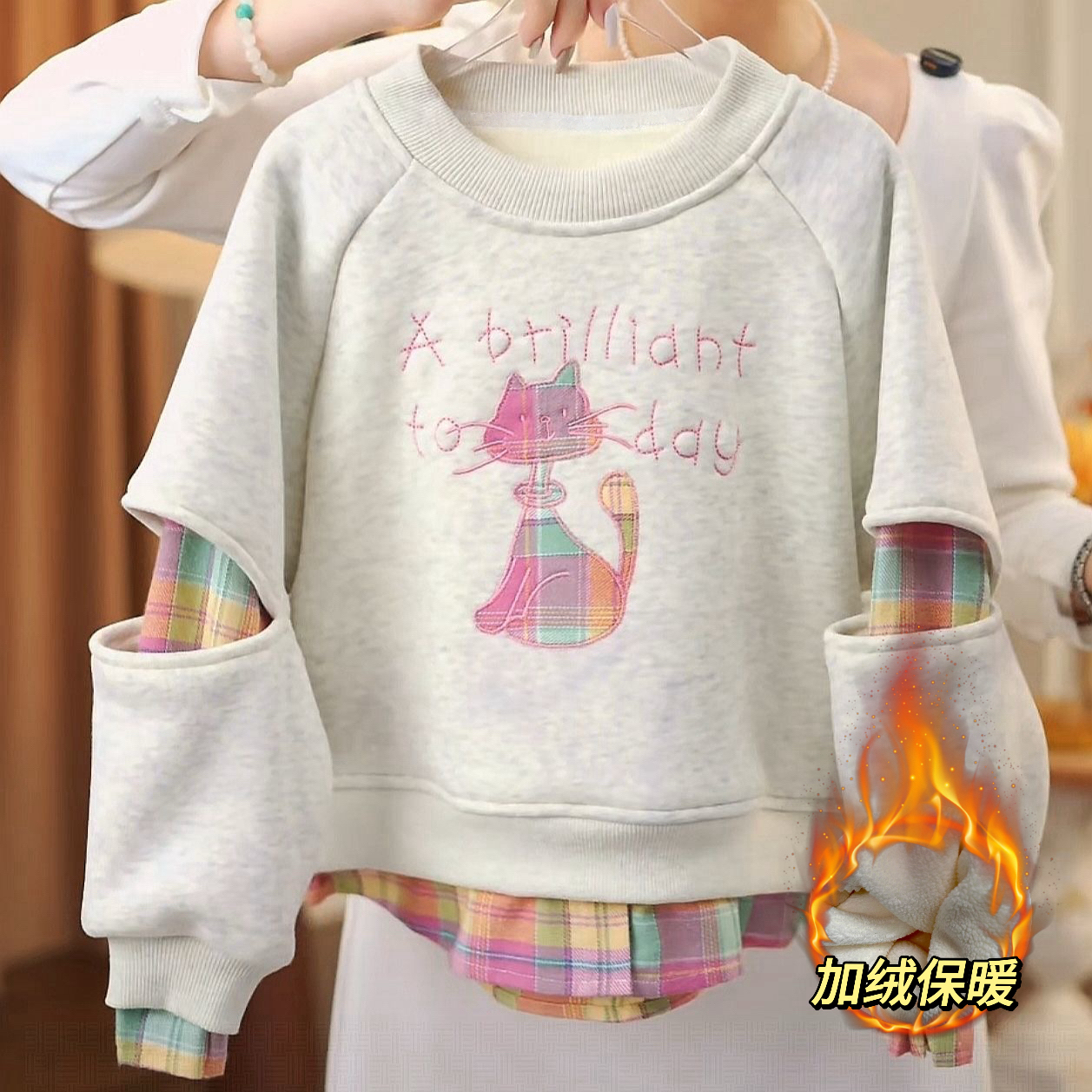 女童秋冬季加绒卫衣2025新款儿童韩系休闲加绒假两件刺绣格子卫衣