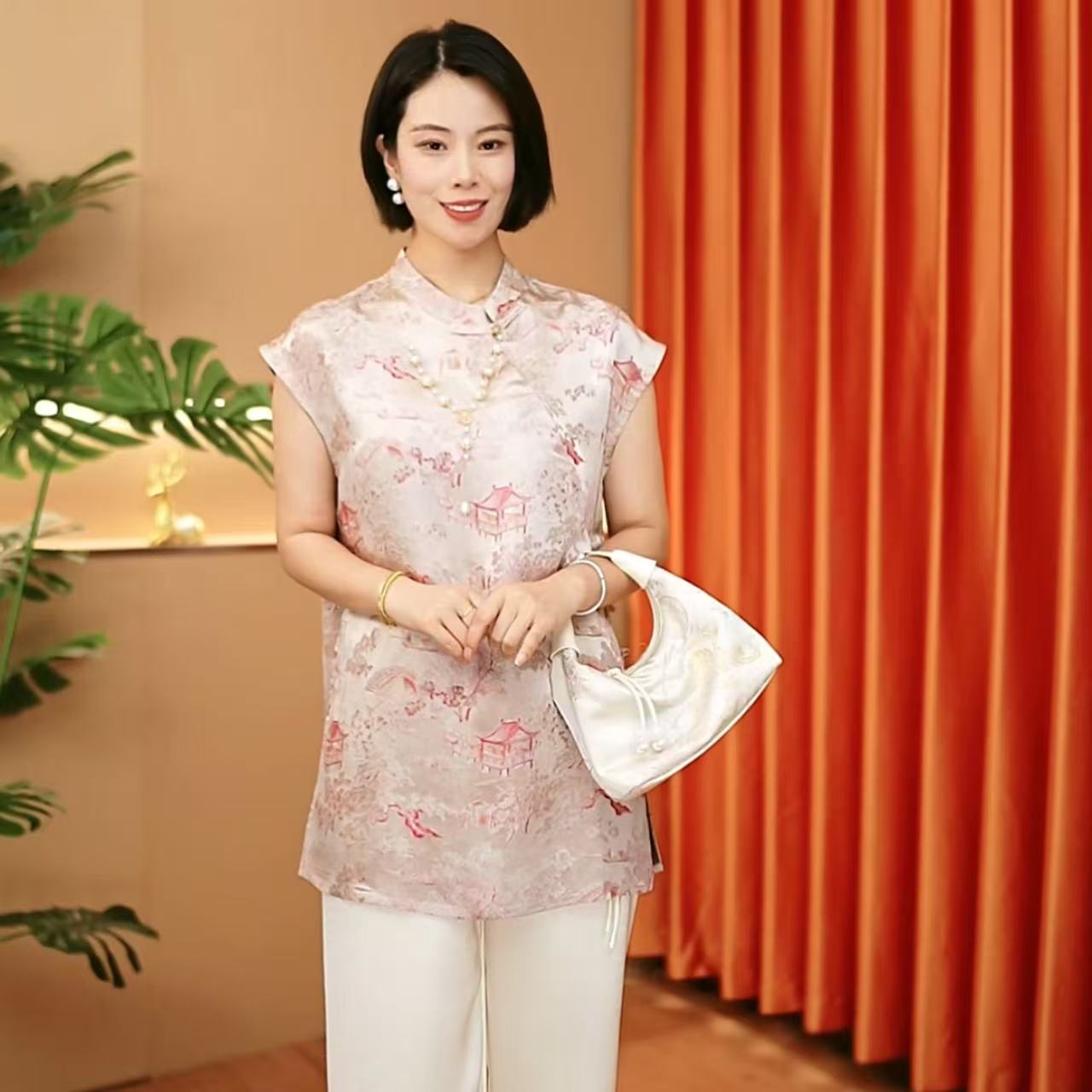 【桃源】2025新款奥黛新款粉色气质刻花新