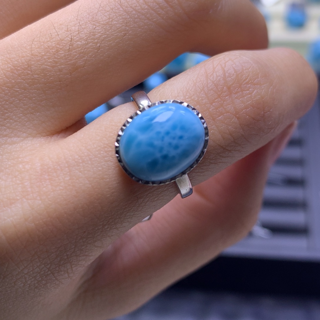 针钠钙石（海纹石）银S925镶嵌戒指蛋面戒指色差略异