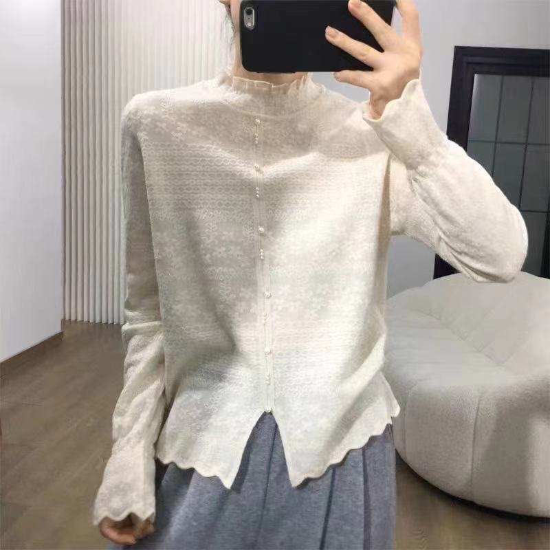  超细美丽奴羊毛混纺欧根纱蕾丝套头时尚百搭上衣