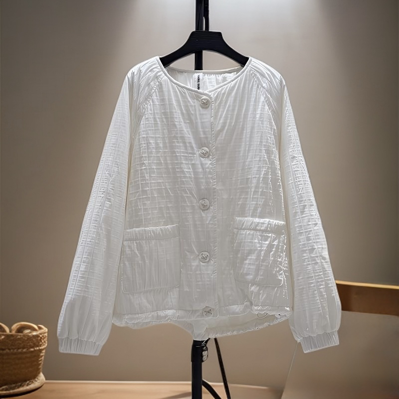 极简白色圆领皱褶棉拼接绗线宽松薄款棉服女休闲秋冬外套小香风