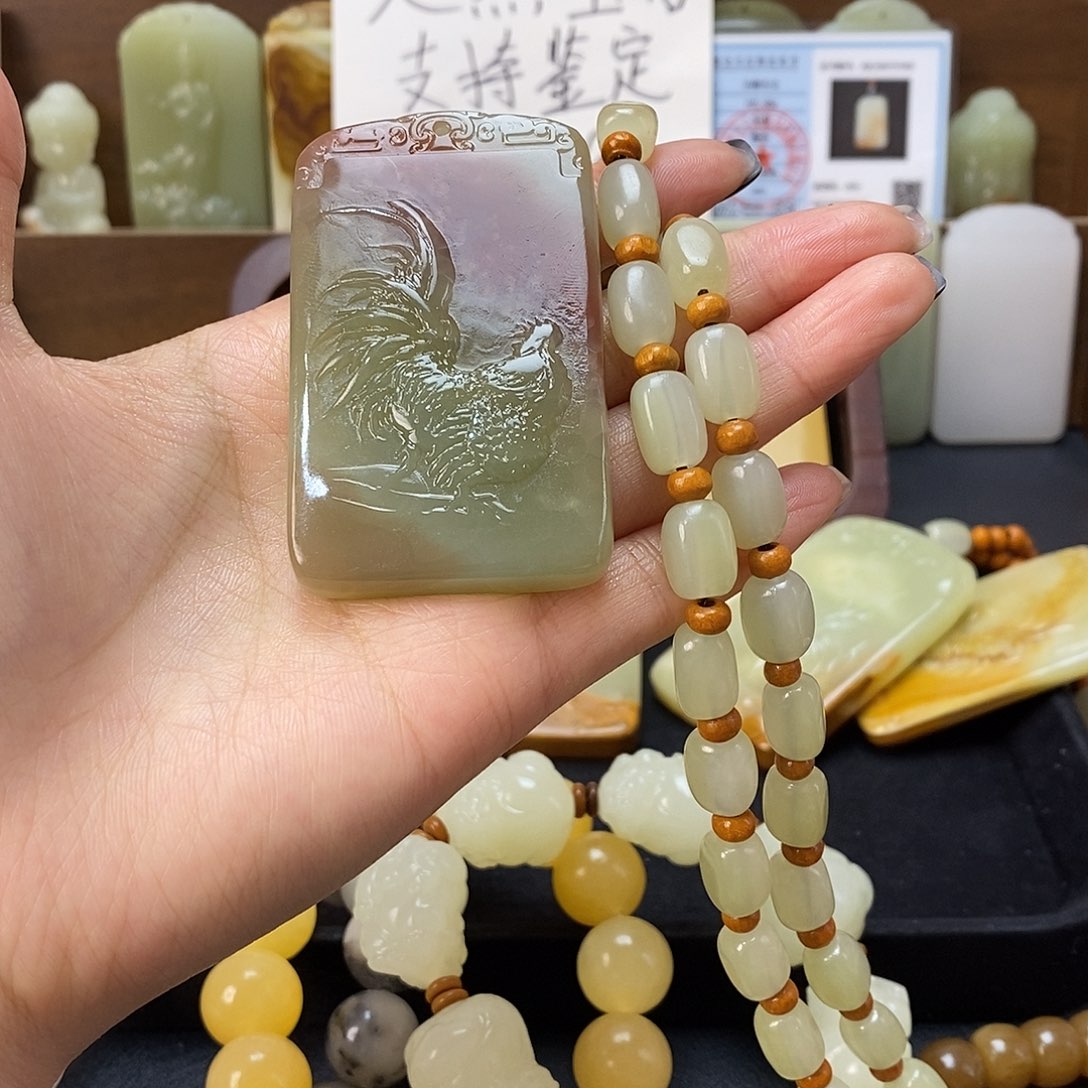 ****️石材生肖鸡双面挂件