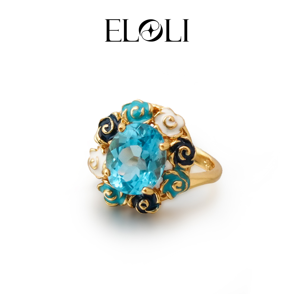Eloli22K镀金蓝色彩宝轻奢复古戒指R2698RB 925银