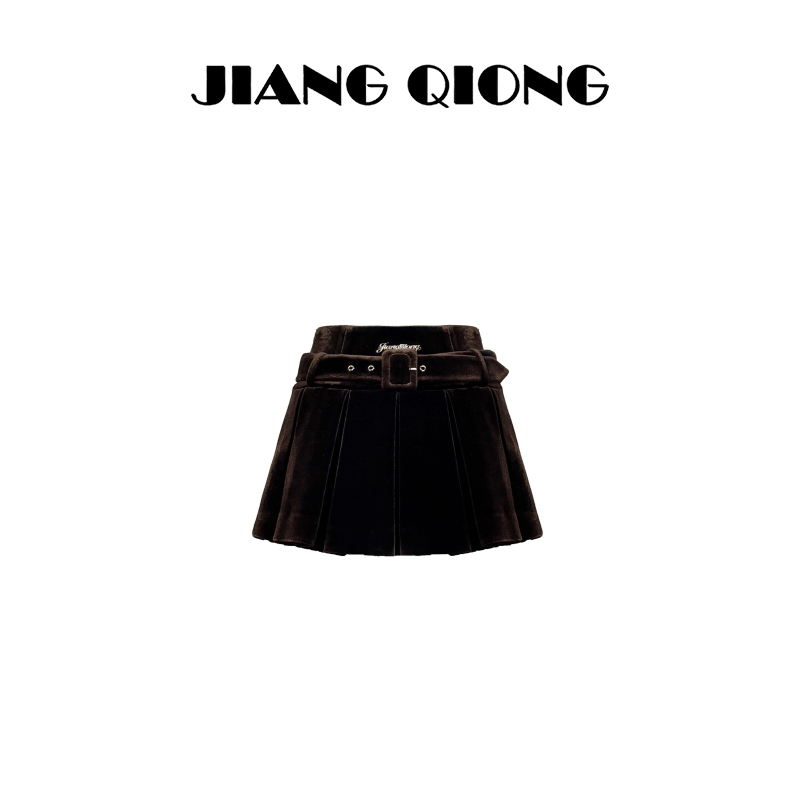 姜穹JIANGQIONG 2025秋冬新款包布日字扣腰带饰百褶短半裙女