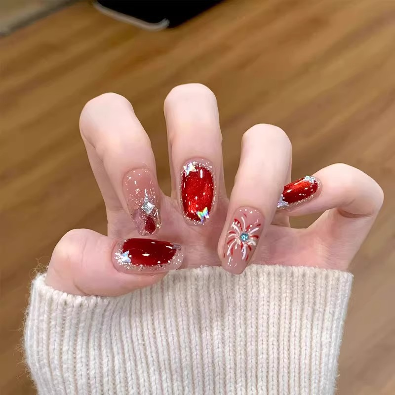 【告白烟火】新年战甲红色烟火手工穿戴甲美甲成品假指甲贴片显白