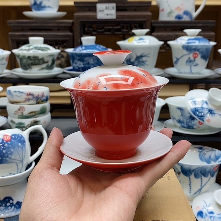 手绘龙船花盖碗160cc釉下彩微瑕福利款