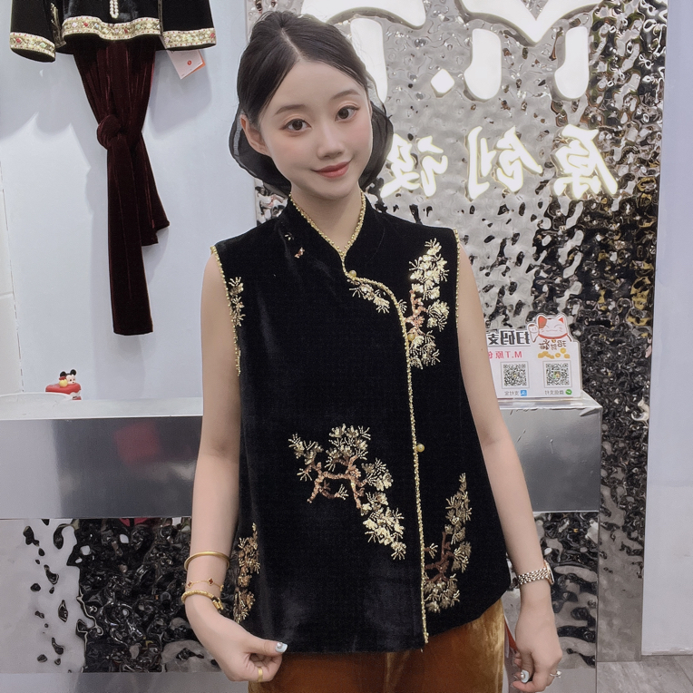新中式国风重工发财树亮片串珠斜襟夹珠丝绒马甲民族风女