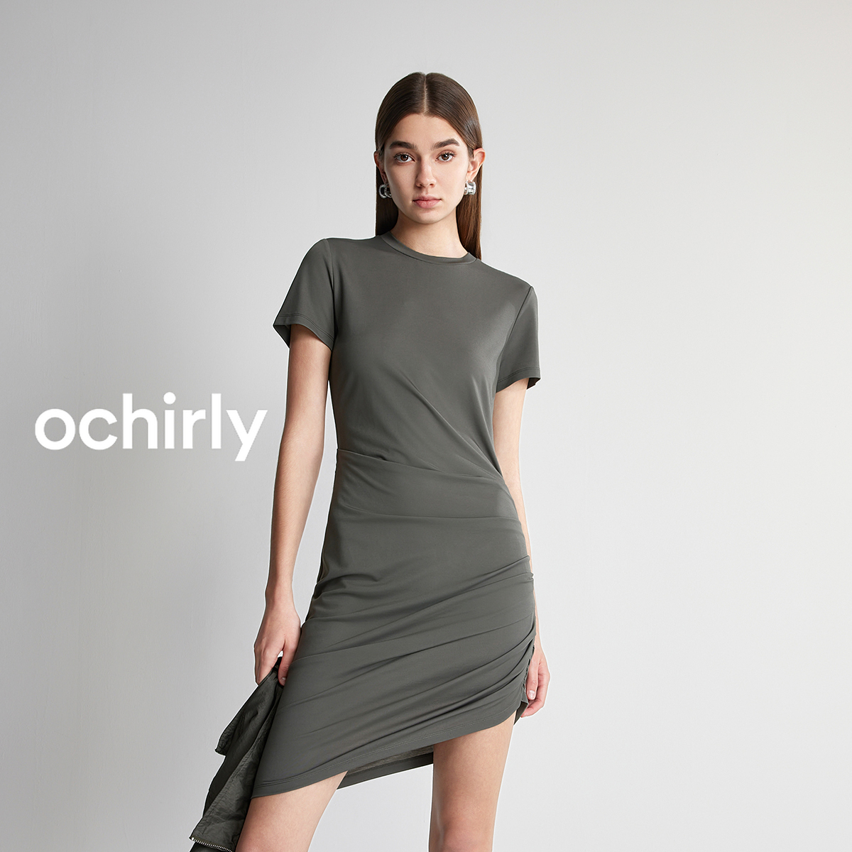 6401[赵老板专属]抽褶短袖连衣裙欧时力新款夏修身透气显瘦小黑裙