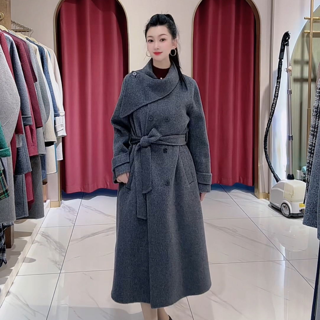 围巾设计款长款韩版过膝气质显瘦休闲双面呢大衣外套秋冬中长款