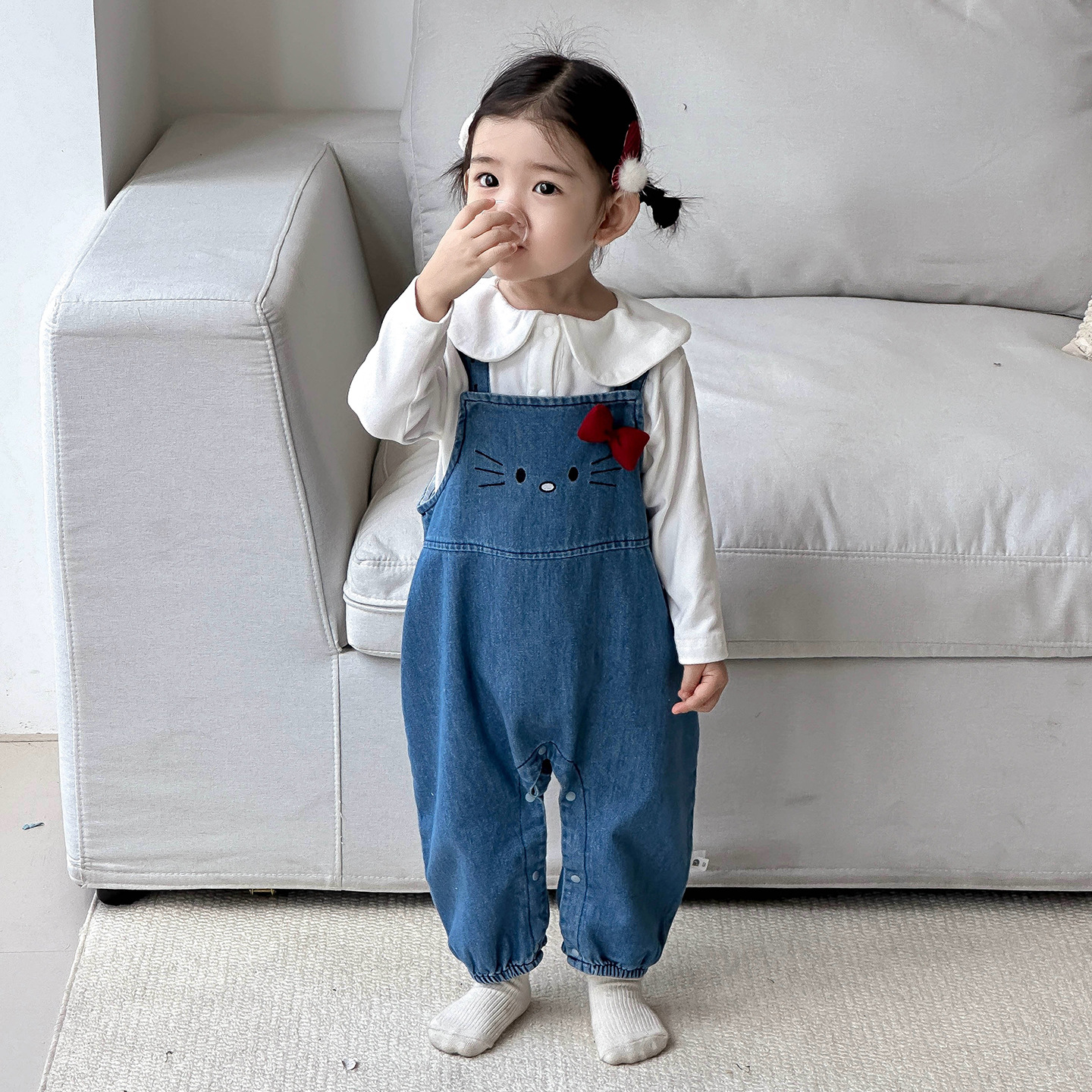 【2号】-点兮-婴幼儿牛仔背带裤套装女宝宝KT连身衣衬衫两件套-A034