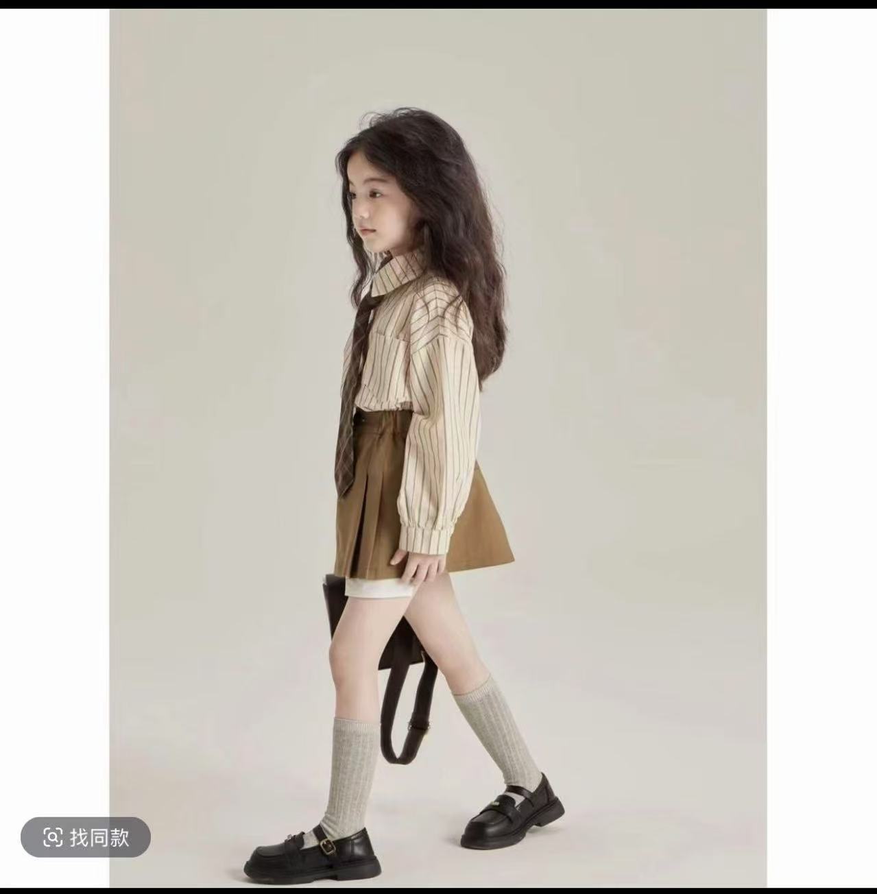 146-早秋米黄条纹衬衫短裤套装