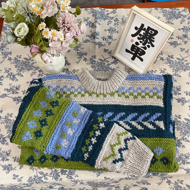 Nepal纯羊毛手工编织圆领毛衣