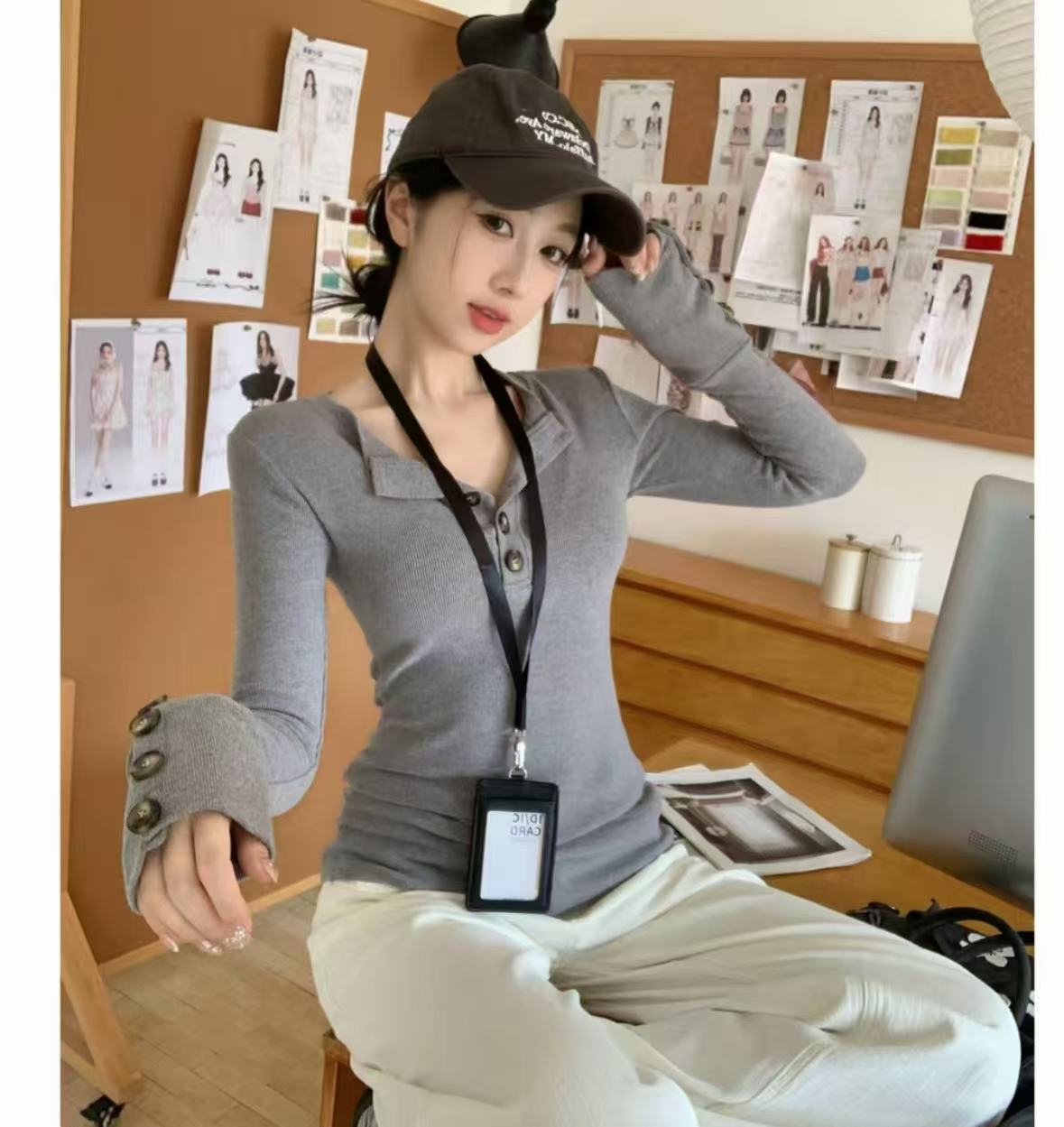 【现货24h+运补4-6】2025新款辣妹亨利领纽扣长袖正肩T恤秋冬上衣女