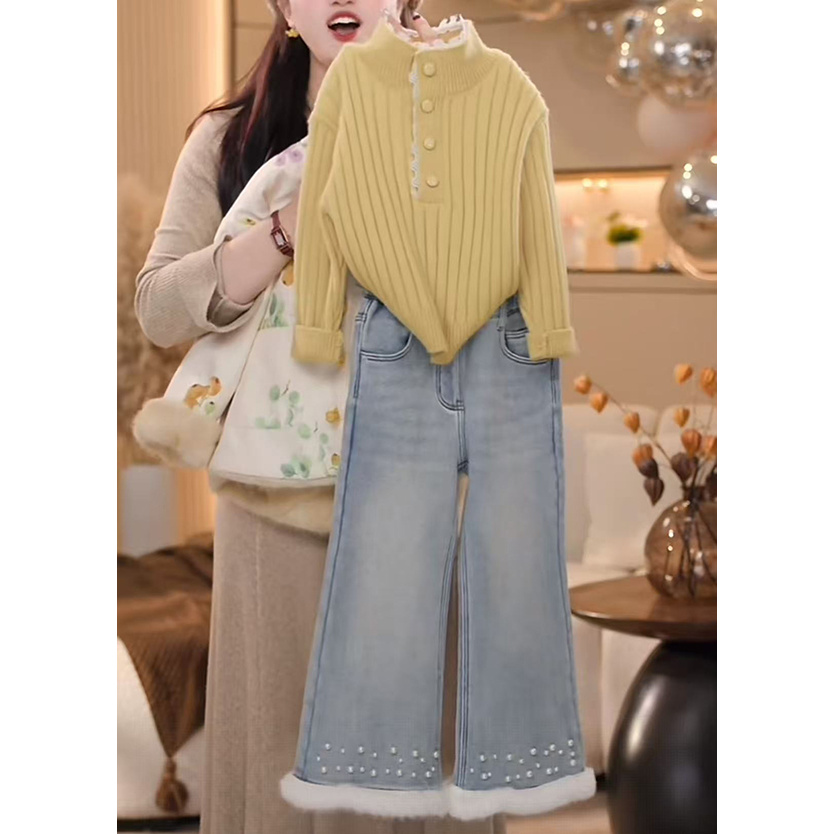 【米拉8】女童黄色毛衣针织牛仔裤秋季中大童百搭长袖上衣外套时髦