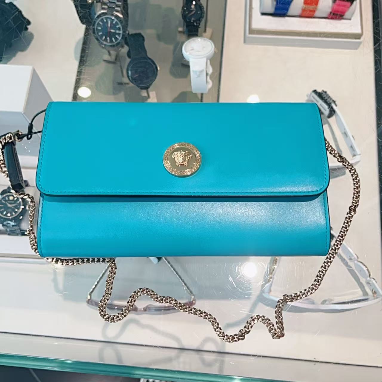 未使用 VERSACE/范思哲 女包美杜莎金扣链条包蓝色