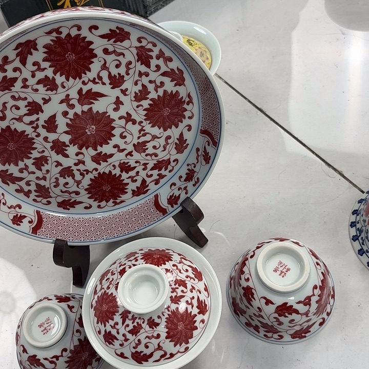 瓷片全红缠枝莲5件套景德镇