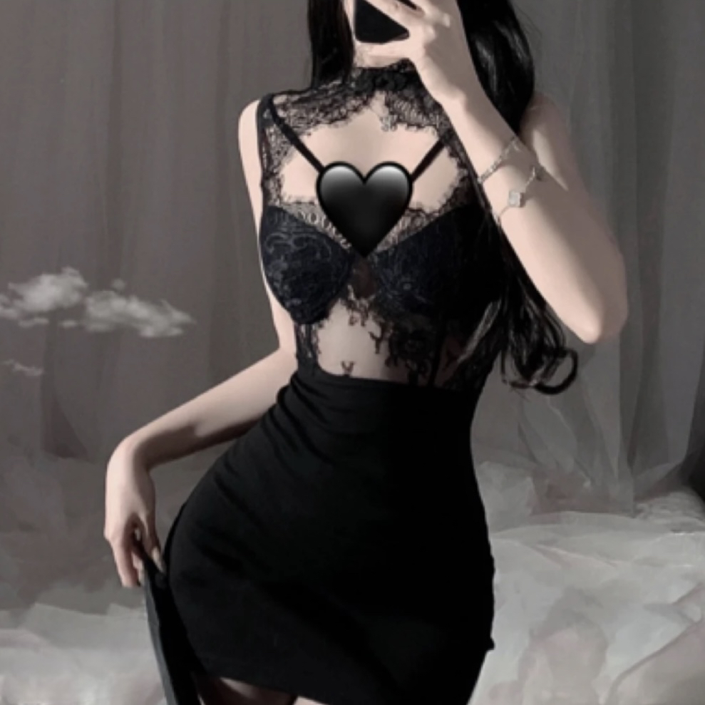 恋迷【娇欲香妃】80-150斤黑色蕾丝暗夜睡衣睡袍包臀睡裙