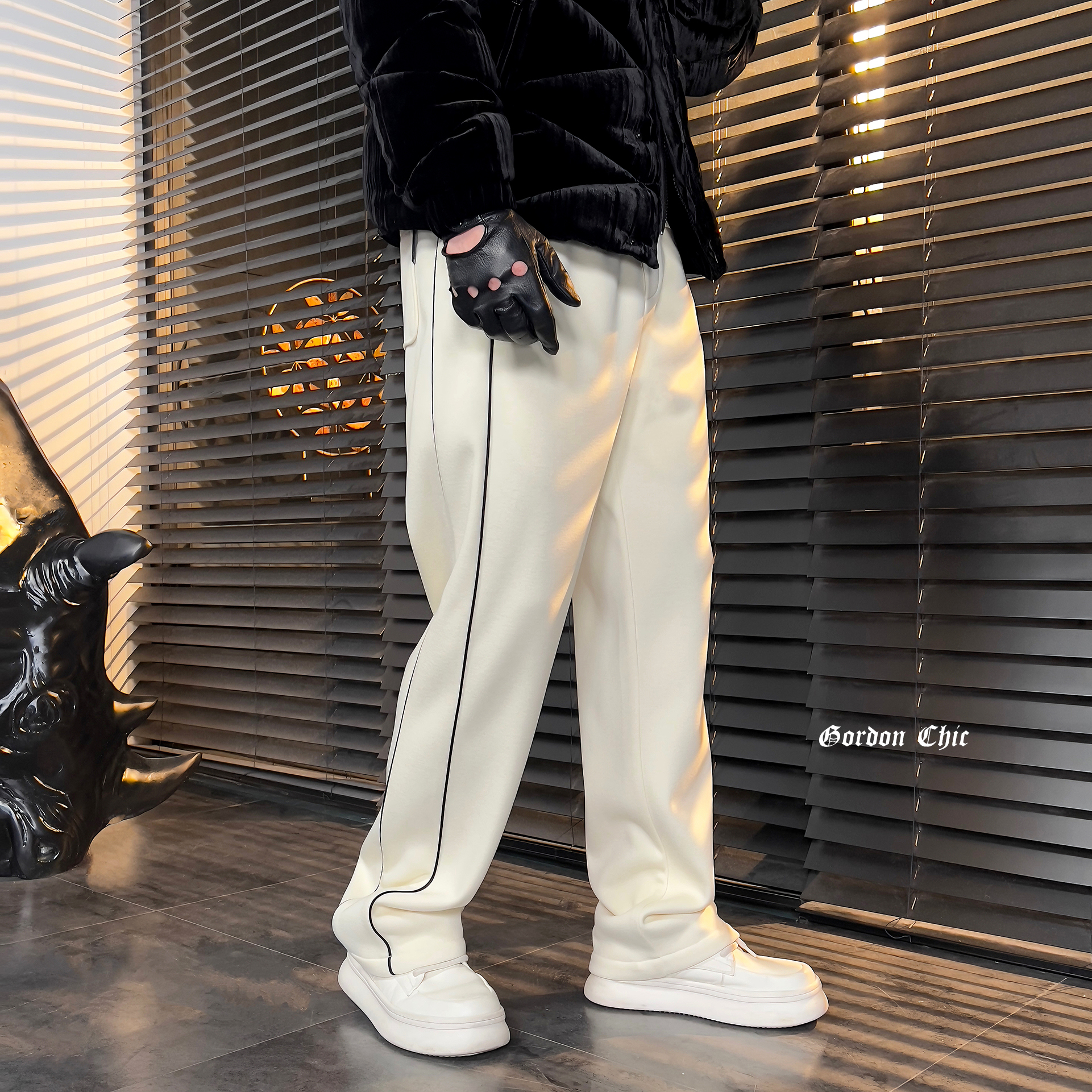 GordonChic 冬季男士醋酸羊毛混纺松紧腰宽松直筒休闲裤28295