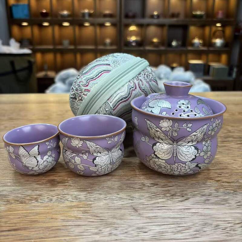 便携精致紫色蝴蝶花纹陶瓷旅行茶具套装1102