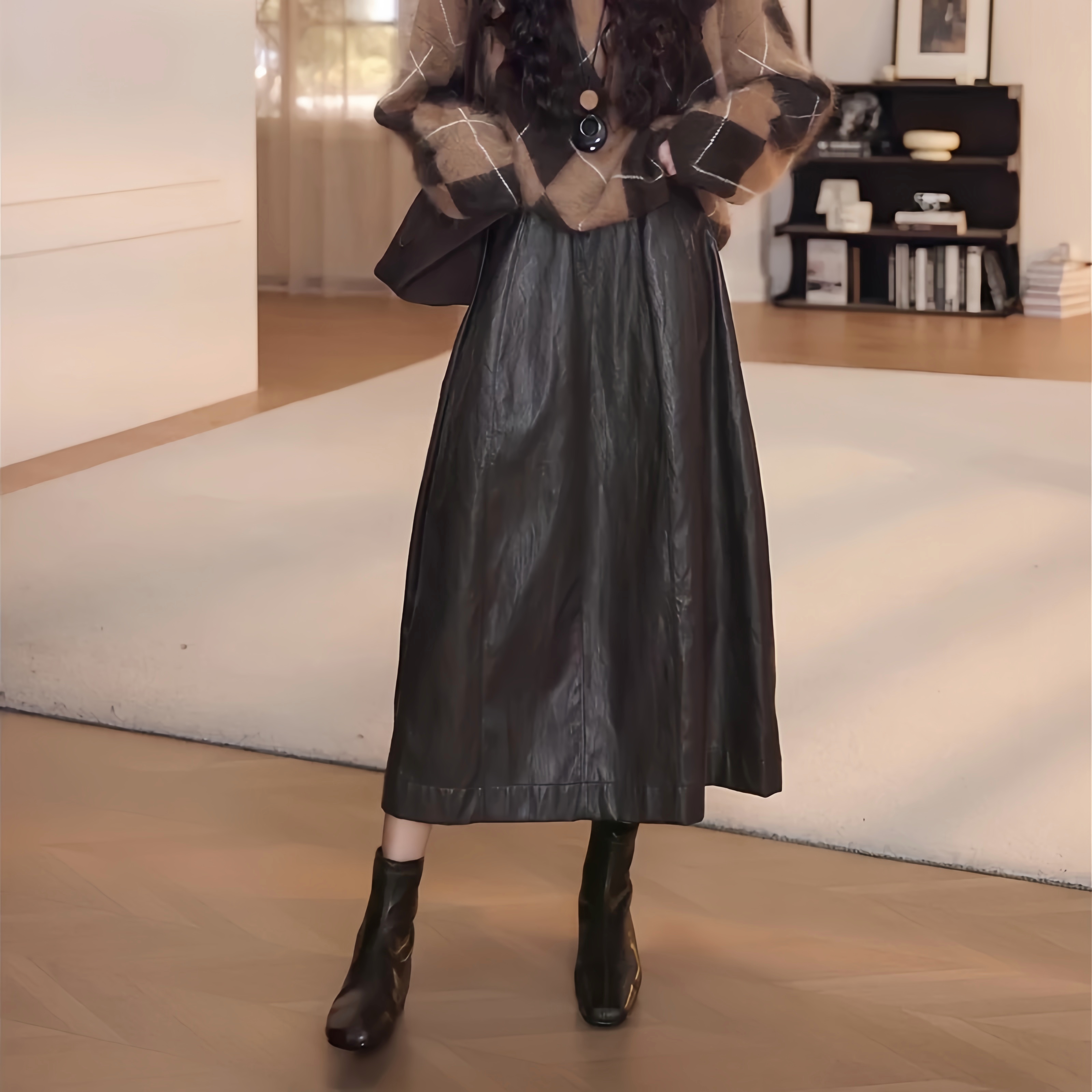 秋冬高腰a字褶皱百搭半身皮裙中长款慵懒风网红格子长袖针织衫女