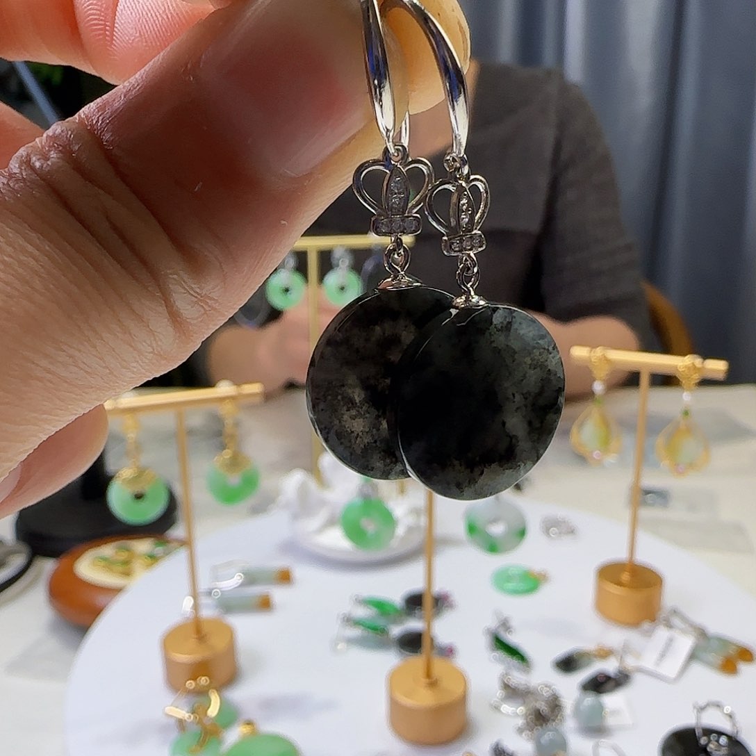 翡翠耳饰银S925镶嵌天然缅甸