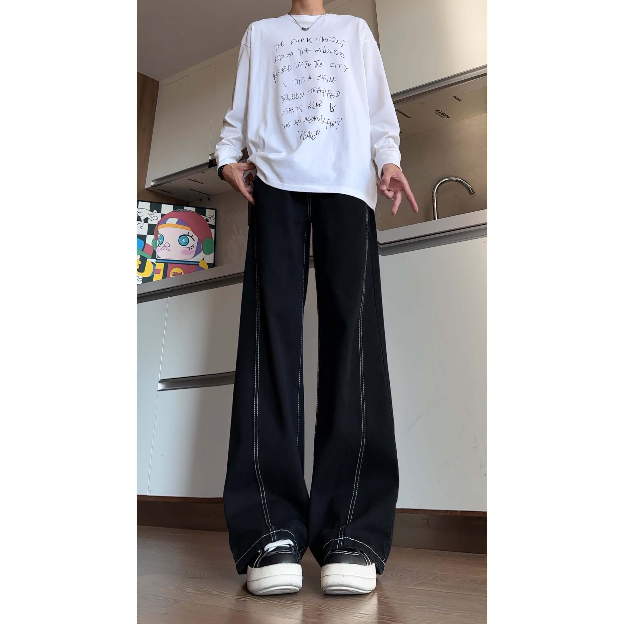 设计感辑明线加绒加厚牛仔裤男美式高街阔腿裤百搭cleanfit长裤