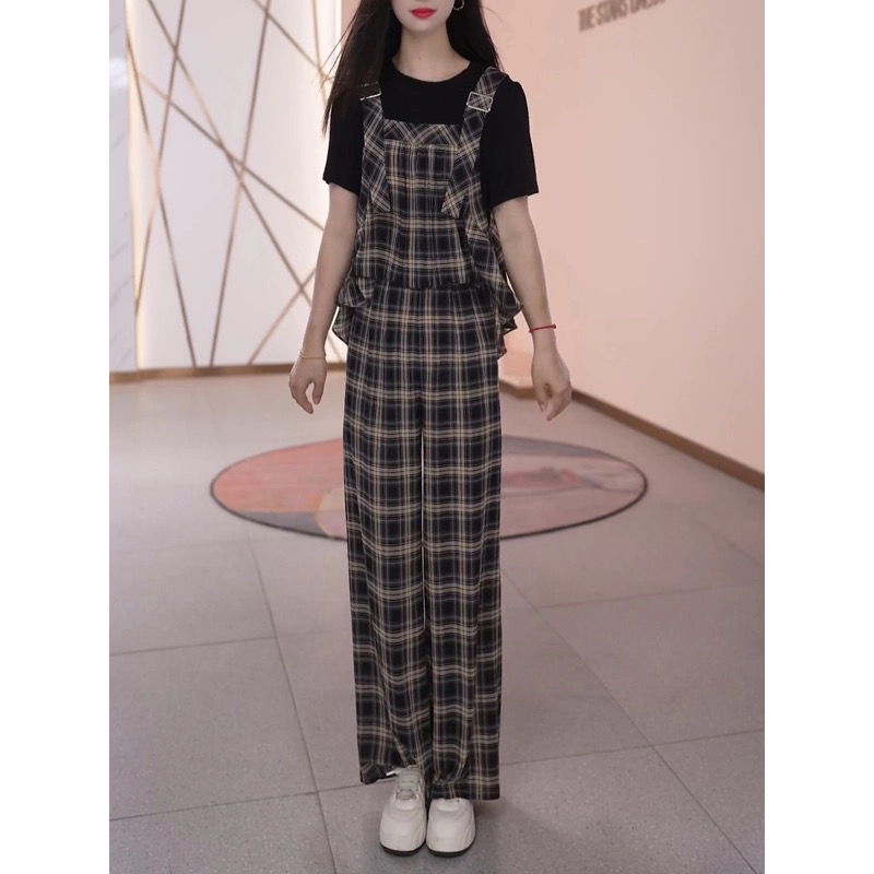 （赠送运费险）套装背带上衣阔腿裤夏季背带裤格子显瘦直筒2118
