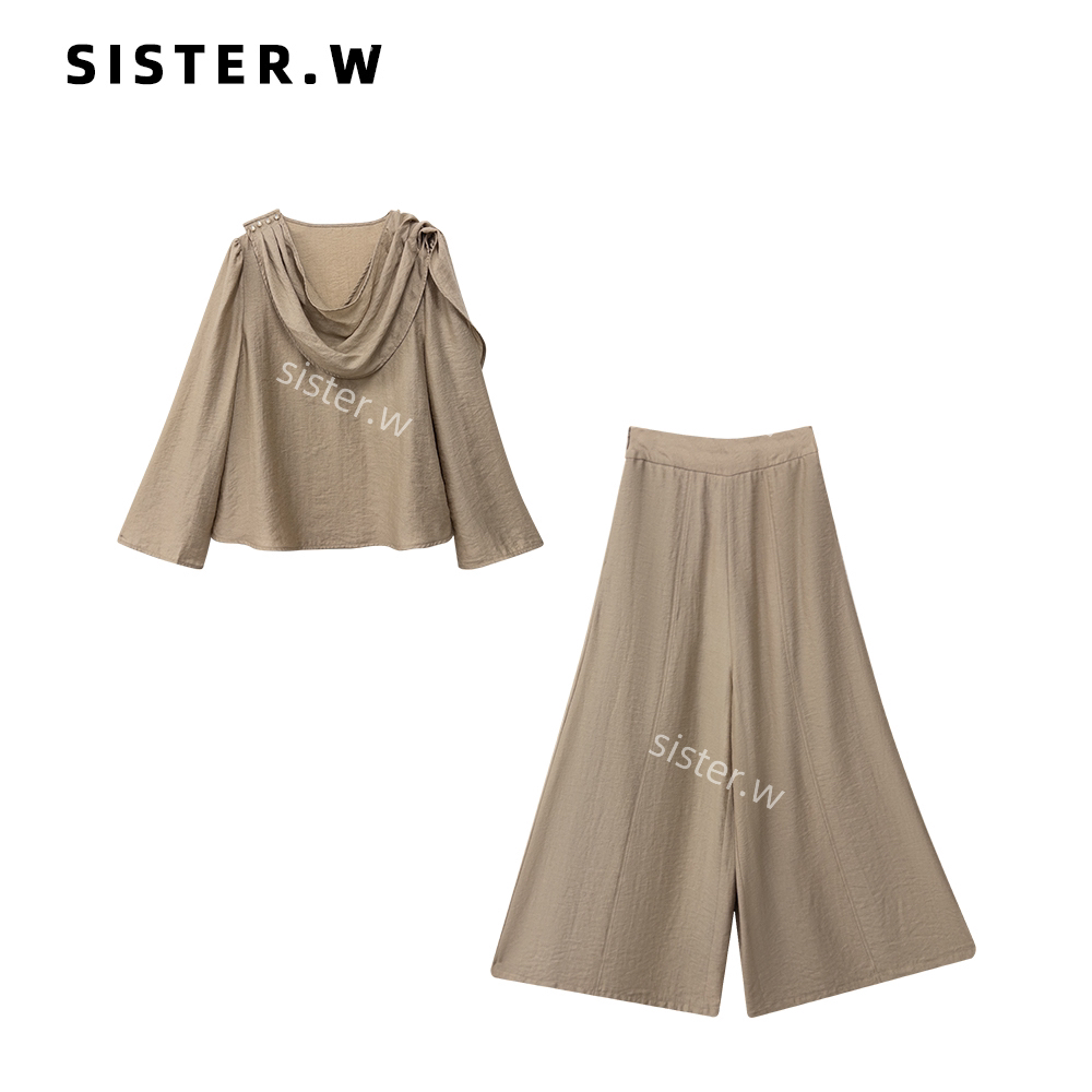 法式飘逸感小荡领显瘦上衣+裤子 套装  02312323