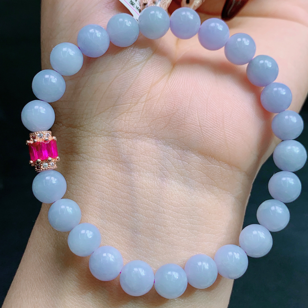 天然缅甸A货翡翠玉石珠宝冰胶紫罗兰圆珠手串j尺寸7.5mm配证书