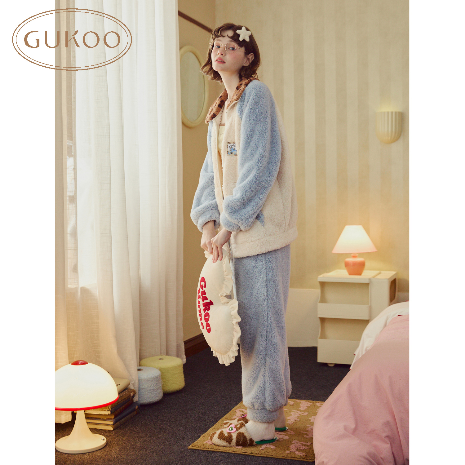 Gukoo/果壳疯狂动物城系列牛乳白睡衣女冬套装居家可爱毛绒保暖