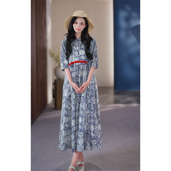 牧衣原创设计女装棉印花中国风连衣裙大码小清新渡假长裙 童谣