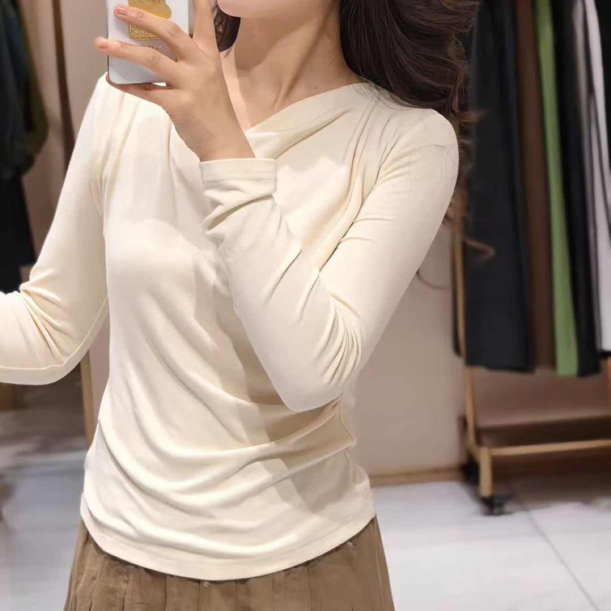 LINGZI/领姿长袖荡领褶皱咖不规则显瘦针织3101283