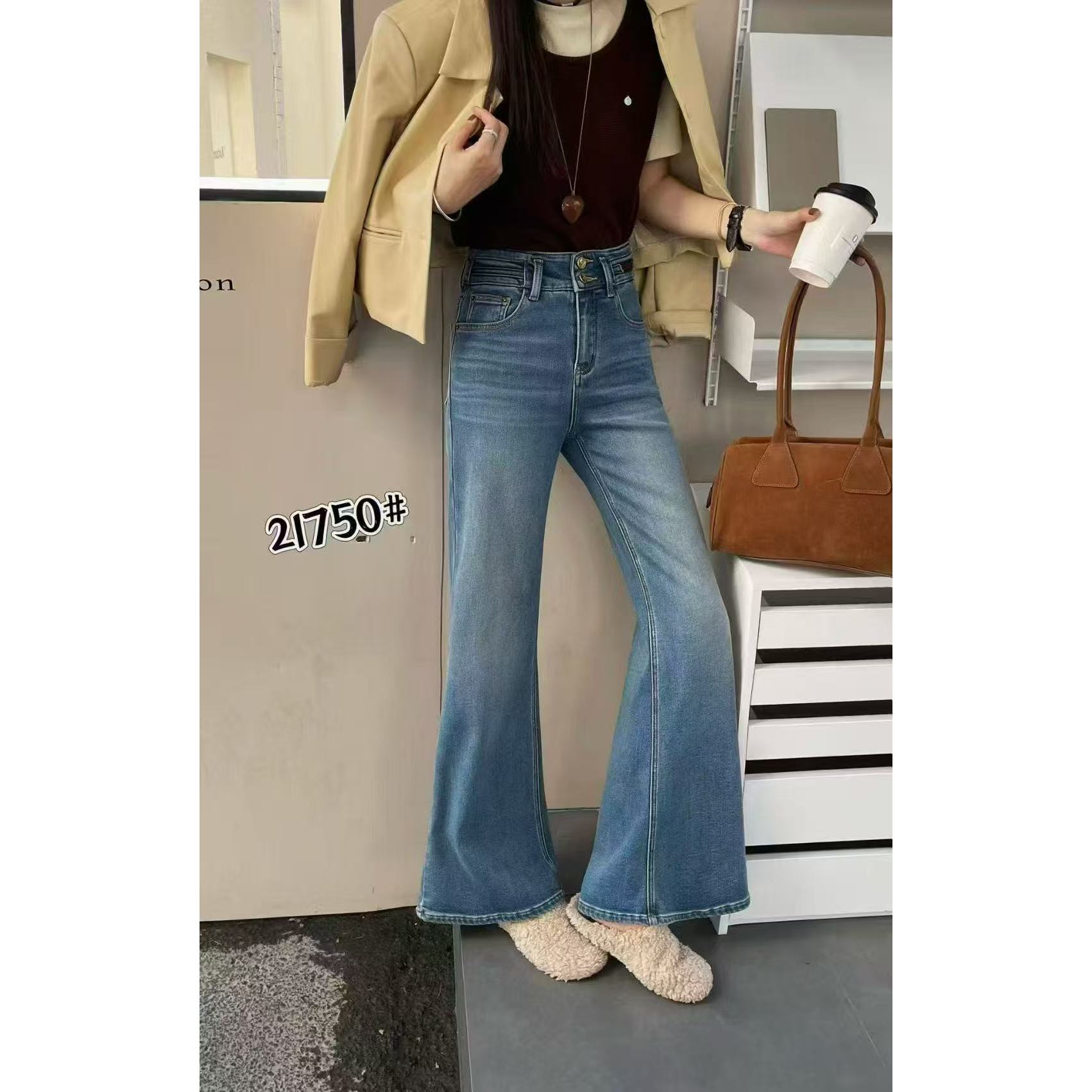 KIKI严选：21750-ZJZ家欧洲站南油秋冬抓绒喇叭裤高级感百搭牛仔