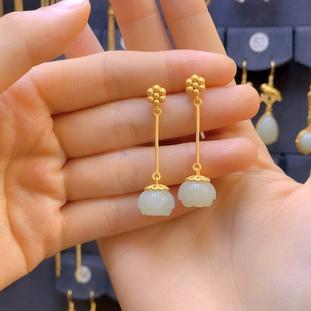 和田玉耳饰银S925镀金镶嵌