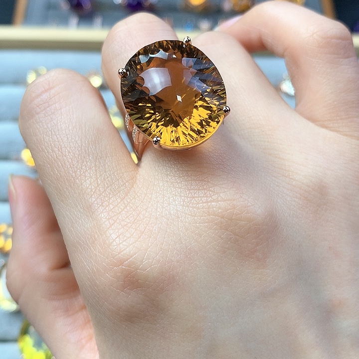 黄晶戒指银S925镶嵌天然黄水晶