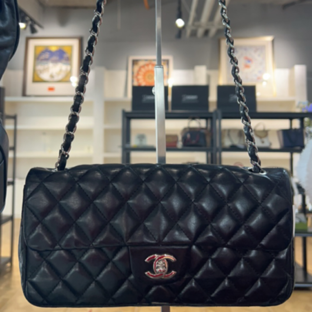 95新 Chanel/香奈儿 荔枝牛皮链条包黑银中号单肩包