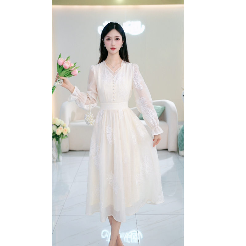 苏醒的乐园春季新款A201气质长袖收腰中长款连衣裙SXL25055