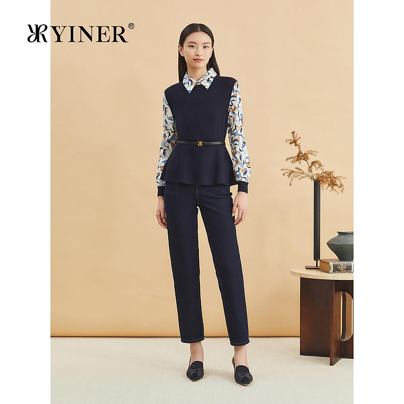 YINER音儿2024冬季新款时尚绣花高腰弹力保暖锥形裤牛仔长裤