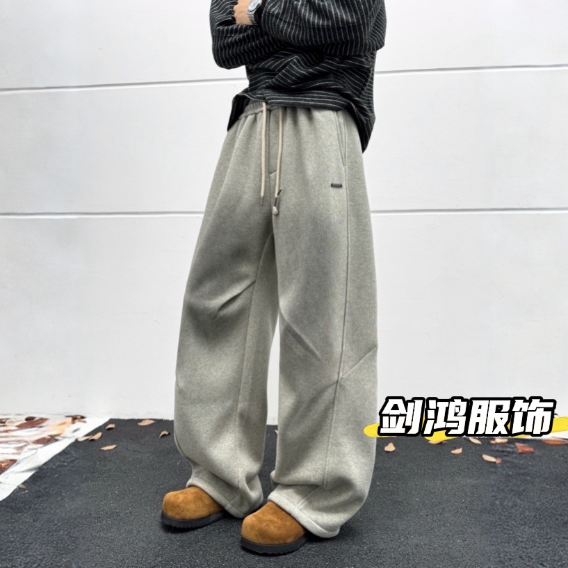 男士冬季美式宽松加绒弯刀裤褶皱阔腿裤休闲裤