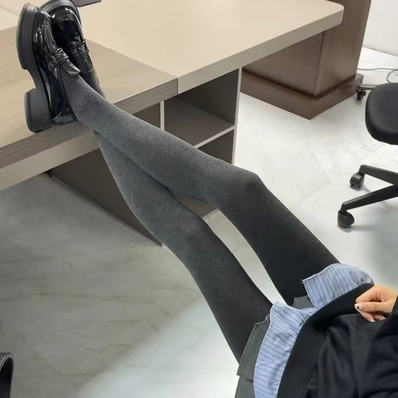 春秋款棉平板连裤袜气质灰竖条纹打底裤冬款女外穿加绒加厚一体裤